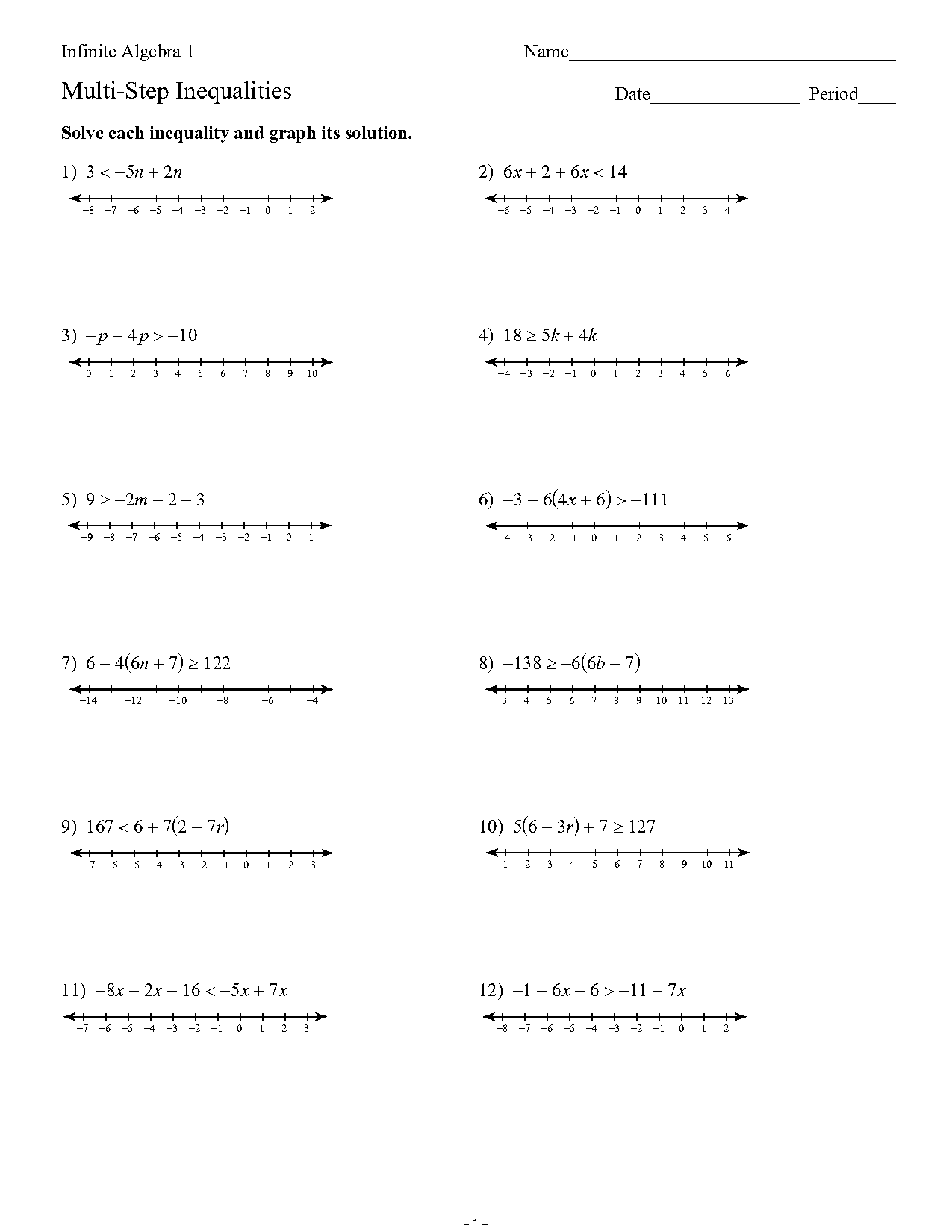 solving inequalities in one variable worksheet pdf